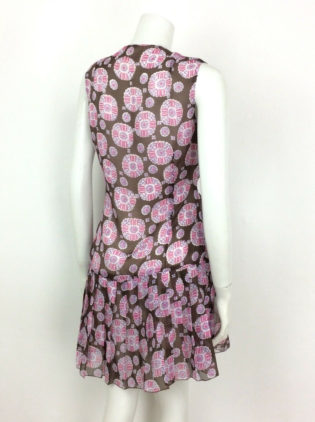 VINTAGE 60S 70S BROWN WHITE PINK PAISLEY SMOCK DRESS DROPPED PLEAT WAIST 14 16