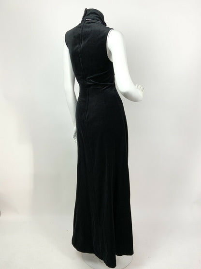 VINTAGE 60s 70s BLACK VELVET SILVER DIAMANTE STUDIO 54 DISCO MAXI DRESS 8 10