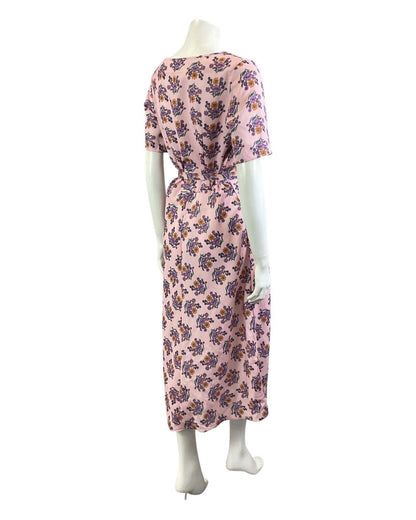 VINTAGE 60s 70s PINK PURPLE FLORAL BOUQUET BELTED SUMMER MIDI DRESS 12 14