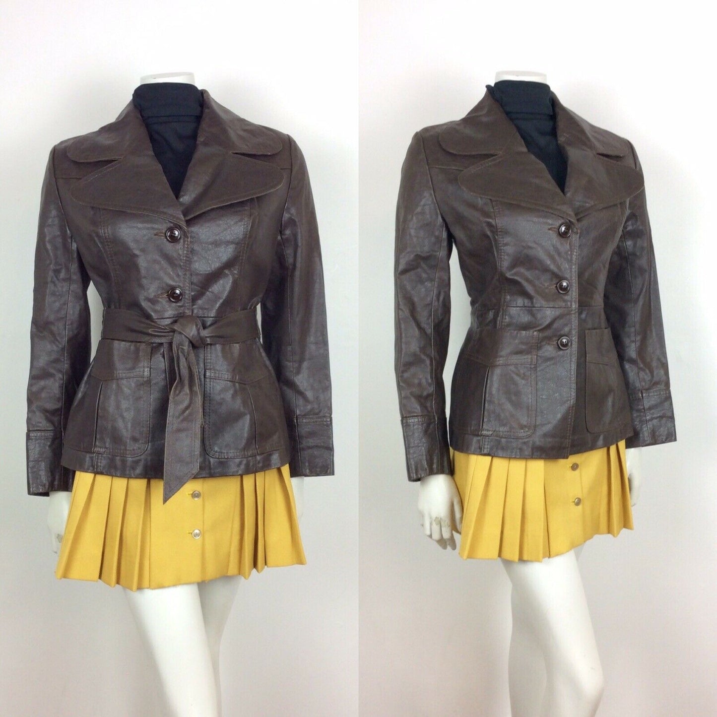 VTG 60s 70s DARK BROWN CHESTNUT LEATHER BELTED JACKET OVERSIZED COLLAR 10 12