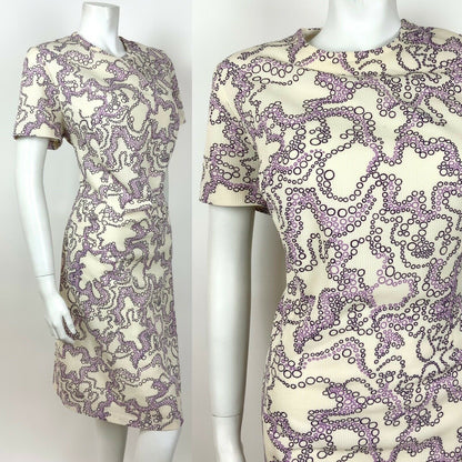 VINTAGE 60s 70s WHITE PURPLE BUBBLE SWIRL PSYCHEDELIC SHIFT DRESS 12 14