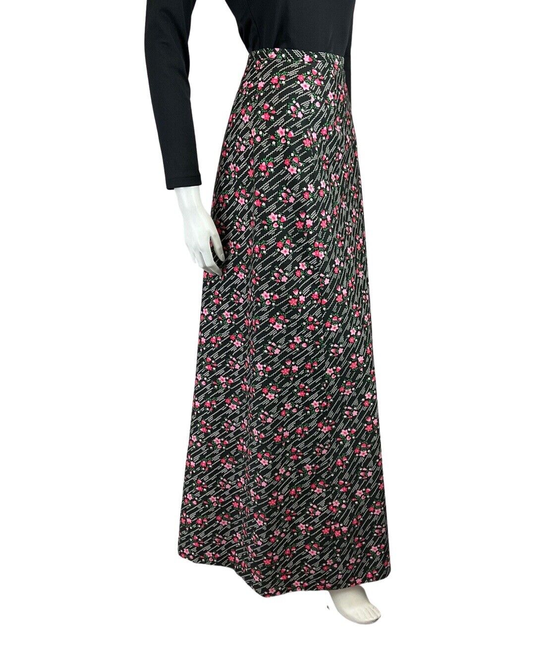 VINTAGE 60s 70s BLACK WHITE PINK ZIG-ZAG FLORAL DAISY MOD BOHO MAXI SKIRT 8 10