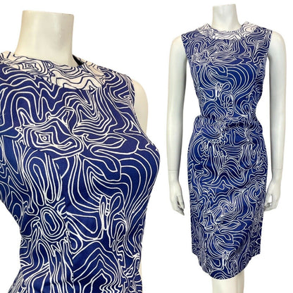 VINTAGE 60s 70s NAVY BLUE WHITE SWIRL PSYCHEDELIC SLEEVELESS MIDI DRESS 10 12