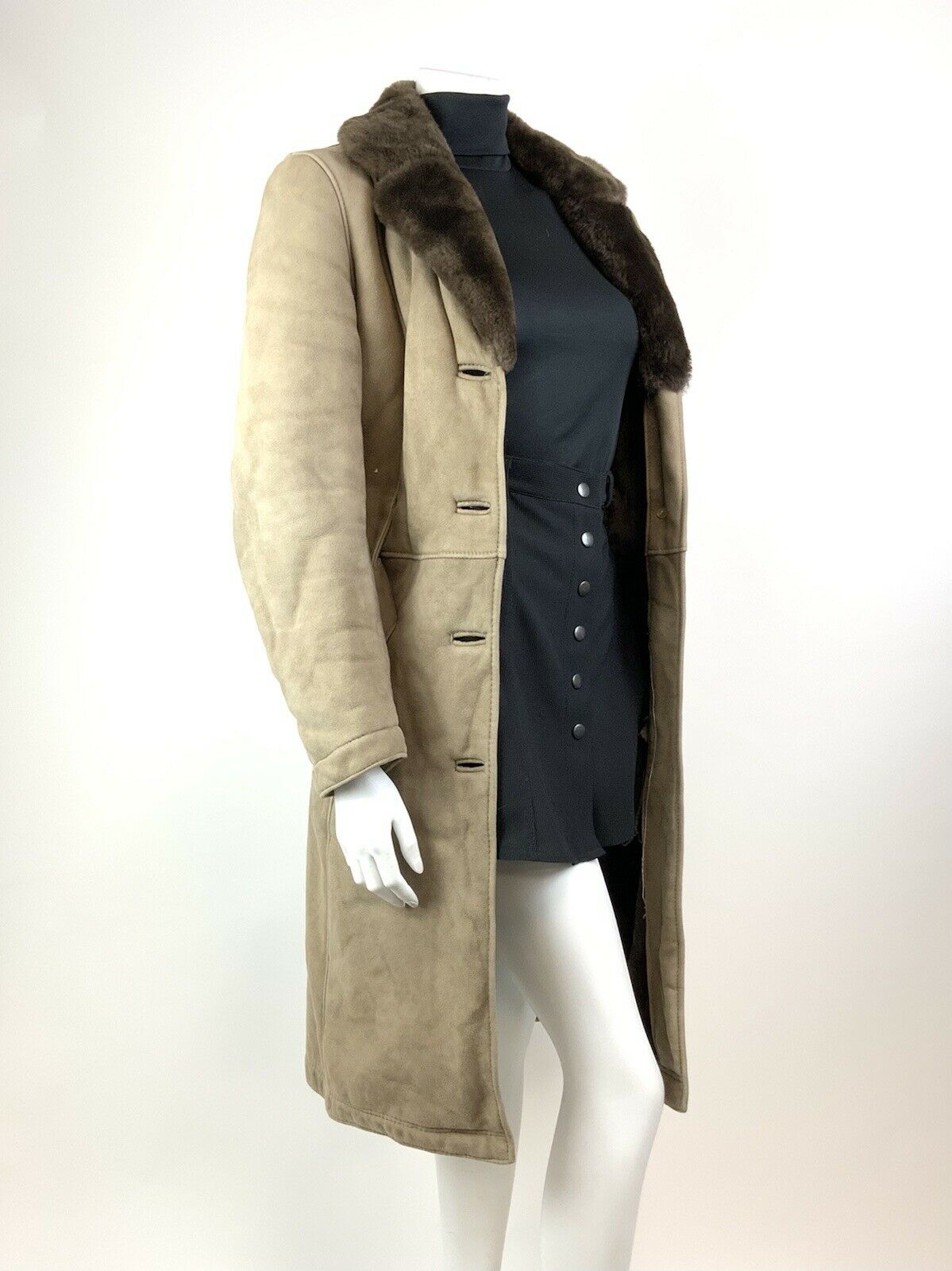 VTG 60s 70s SOFT BROWN SUEDE LEATHER SHEARLING BELTED BOHO MID-LENGTH COAT 12