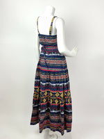 VINTAGE 60s 70s BLUE YELLOW PINK GREEN AZTEC GEOMETRIC STRAPPY MAXI DRESS 6