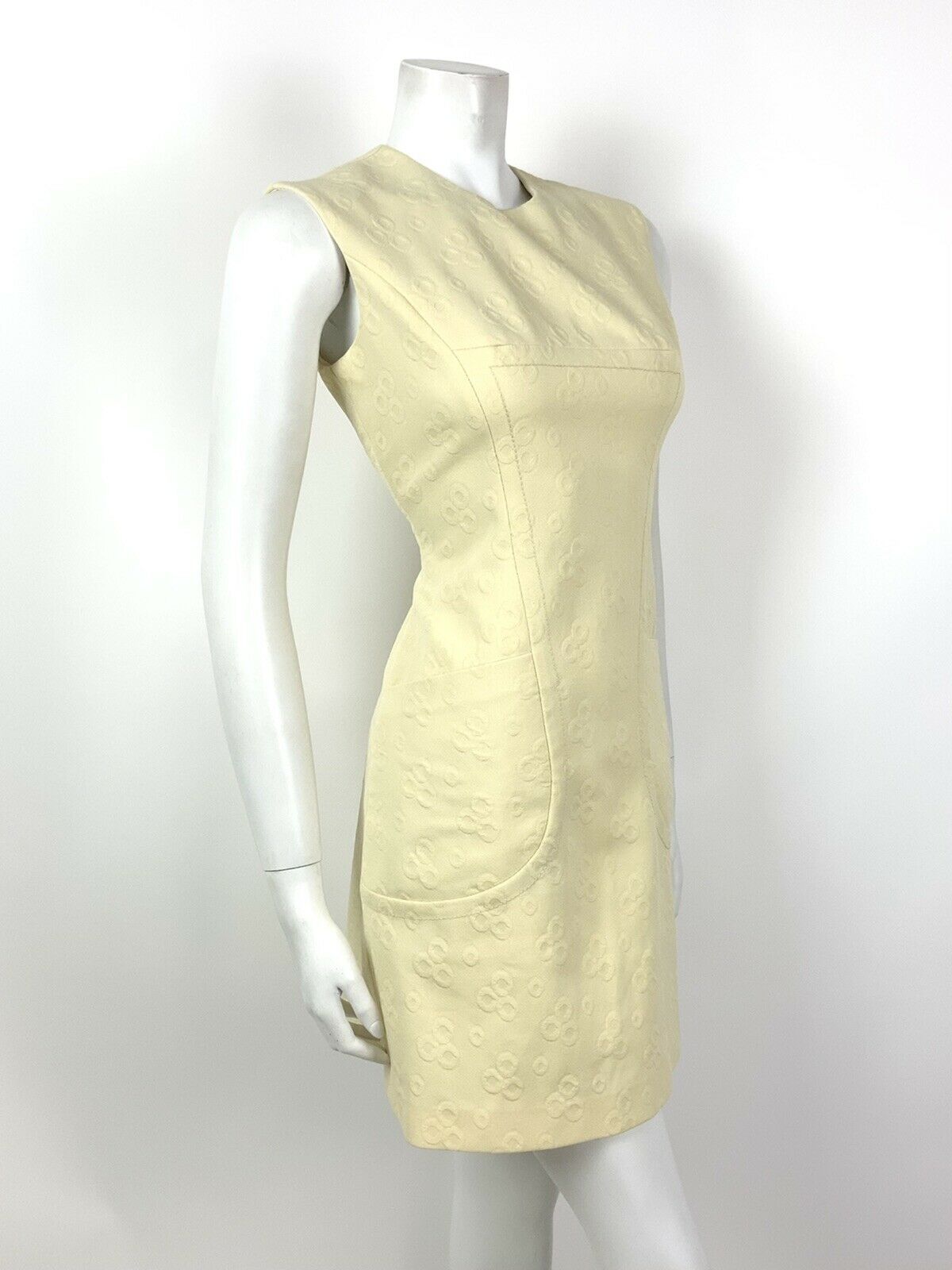 VINTAGE 60s 70s YELLOW CREAM CIRCLE MOD SLEEVELESS MINI DRESS 10 12