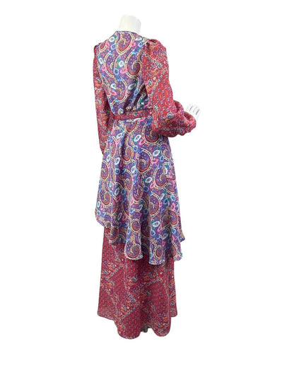 VINTAGE 70s PURPLE RED BLUE  PSYCHEDELIC FLORAL PAISLEY BOHO FOLK MAXI DRESS 8