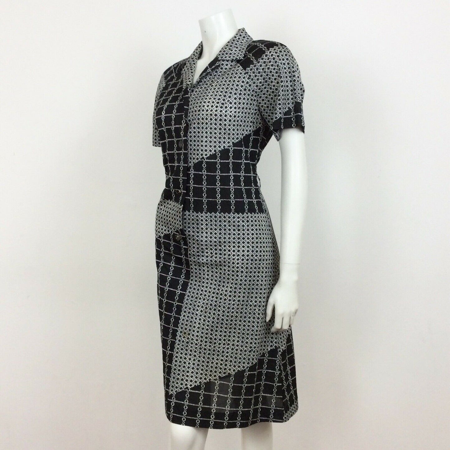 70S VINTAGE BLACK WHITE CHAIN LINK CHECK PATTERN MIDI DRESS 12