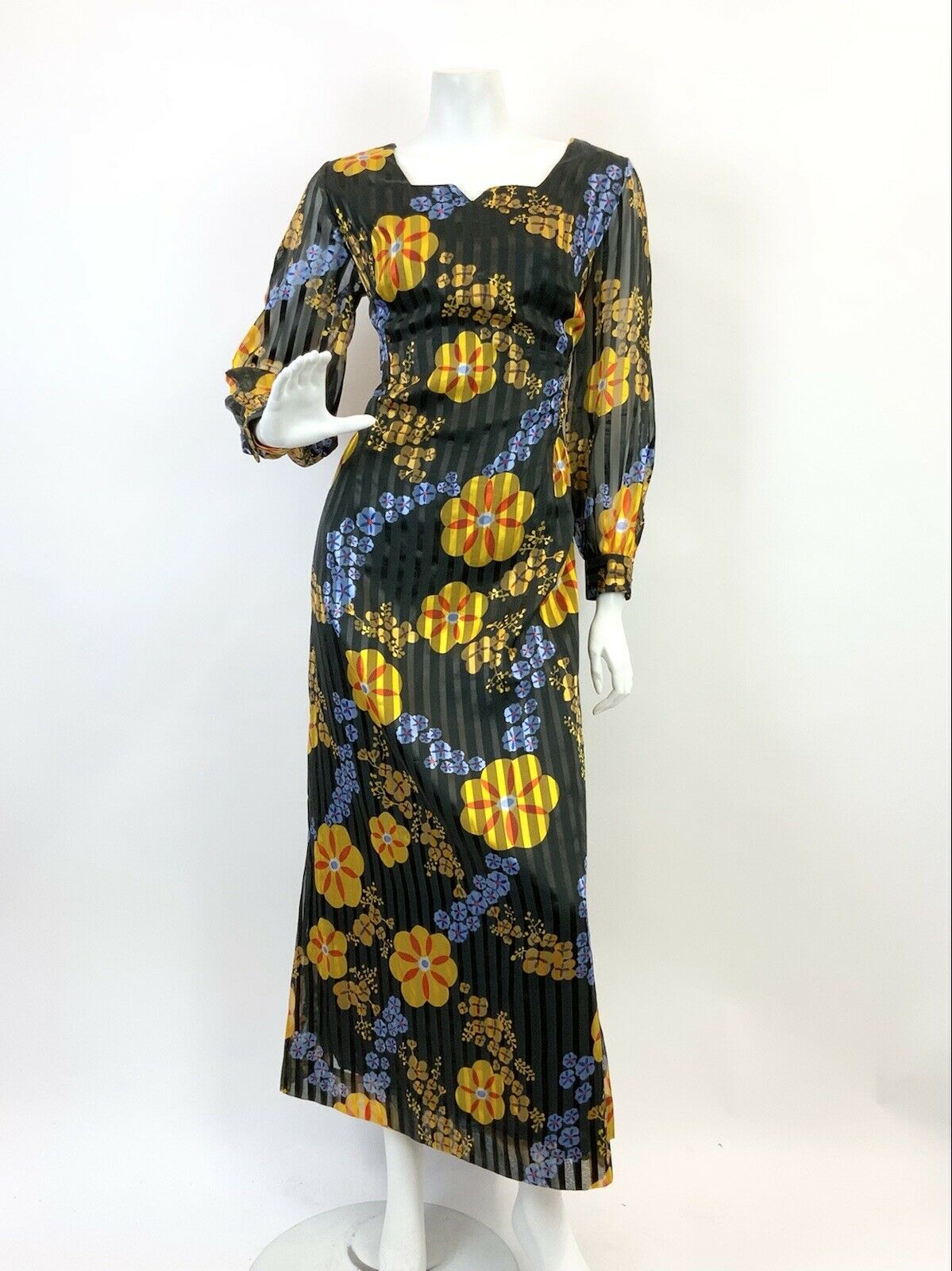 VTG 60s 70s BLACK BLUE YELLOW FLORAL PSYCHE STRIPED SHEER MOD MAXI DRESS 12 14