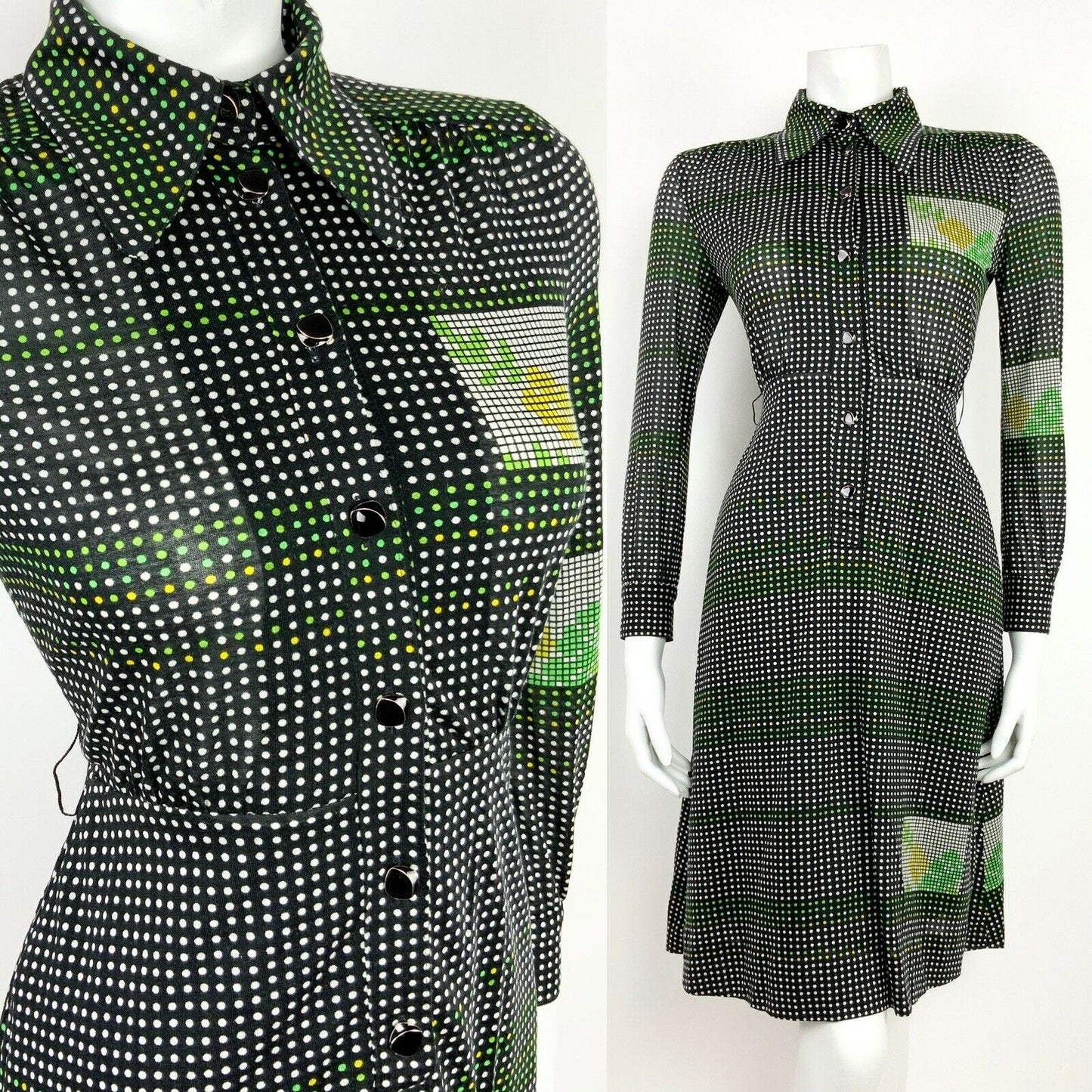 VINTAGE 60s 70s BLACK WHITE GREEN YELLOW GEOMETRIC DOTTY SHIRT DRESS 8 10