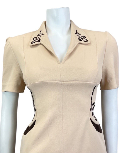 VINTAGE 60s 70s CREAM BROWN FLORAL EMBROIDERED MOD SHORT MINI DRESS 10 12