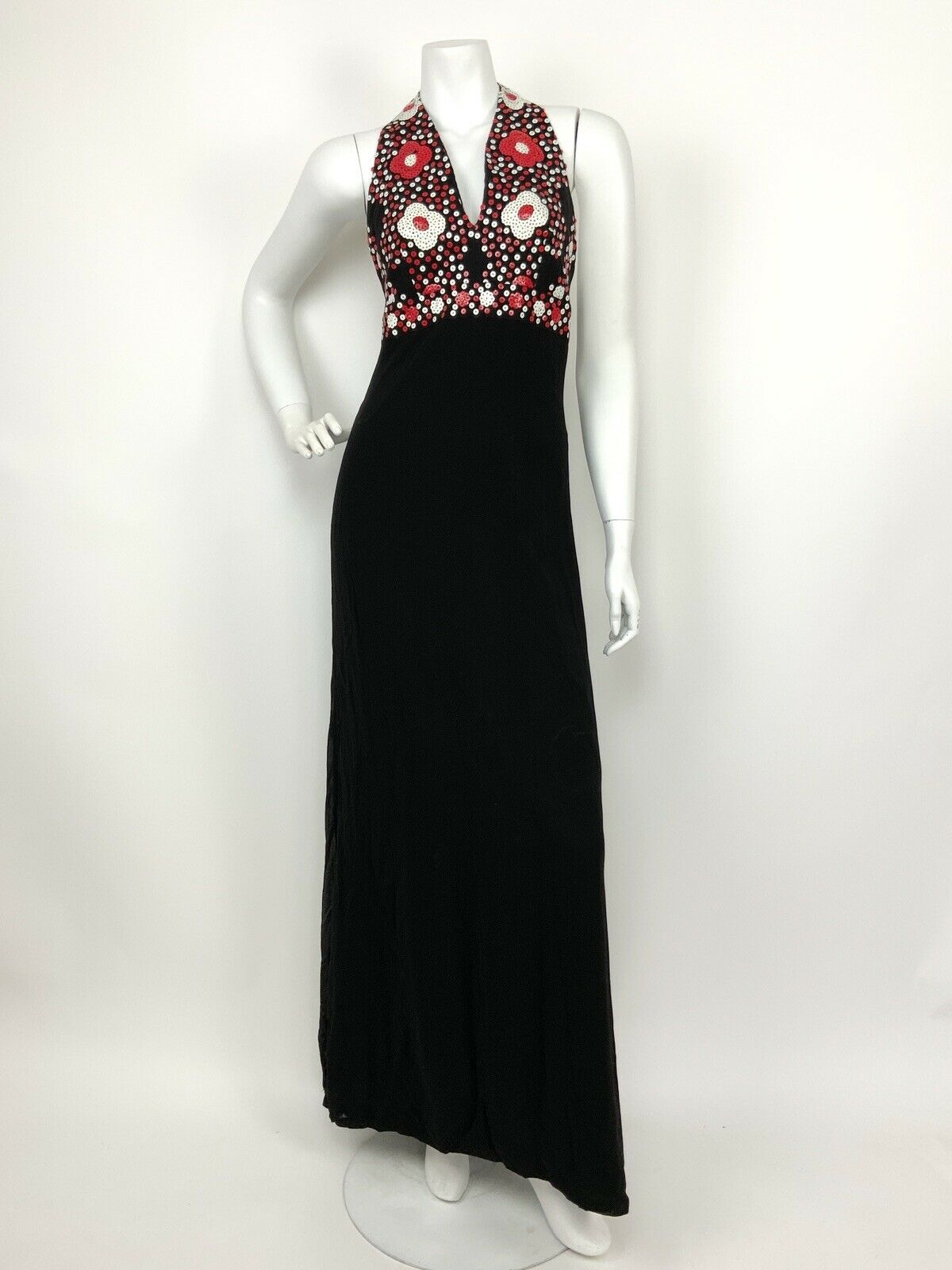 VTG 60s 70s BLACK RED WHITE SEQUIN DAISY FLOWER SHEER HALTER MAXI DRESS 6