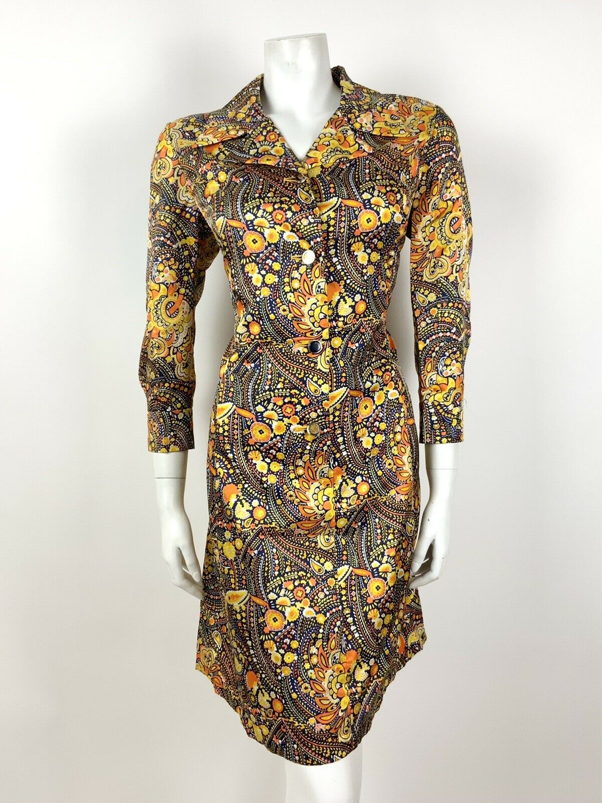 VINTAGE 60s 70s YELLOW ORANGE WHITE BLUE PSYCHEDELIC FLORAL SHIRT DRESS 12 14