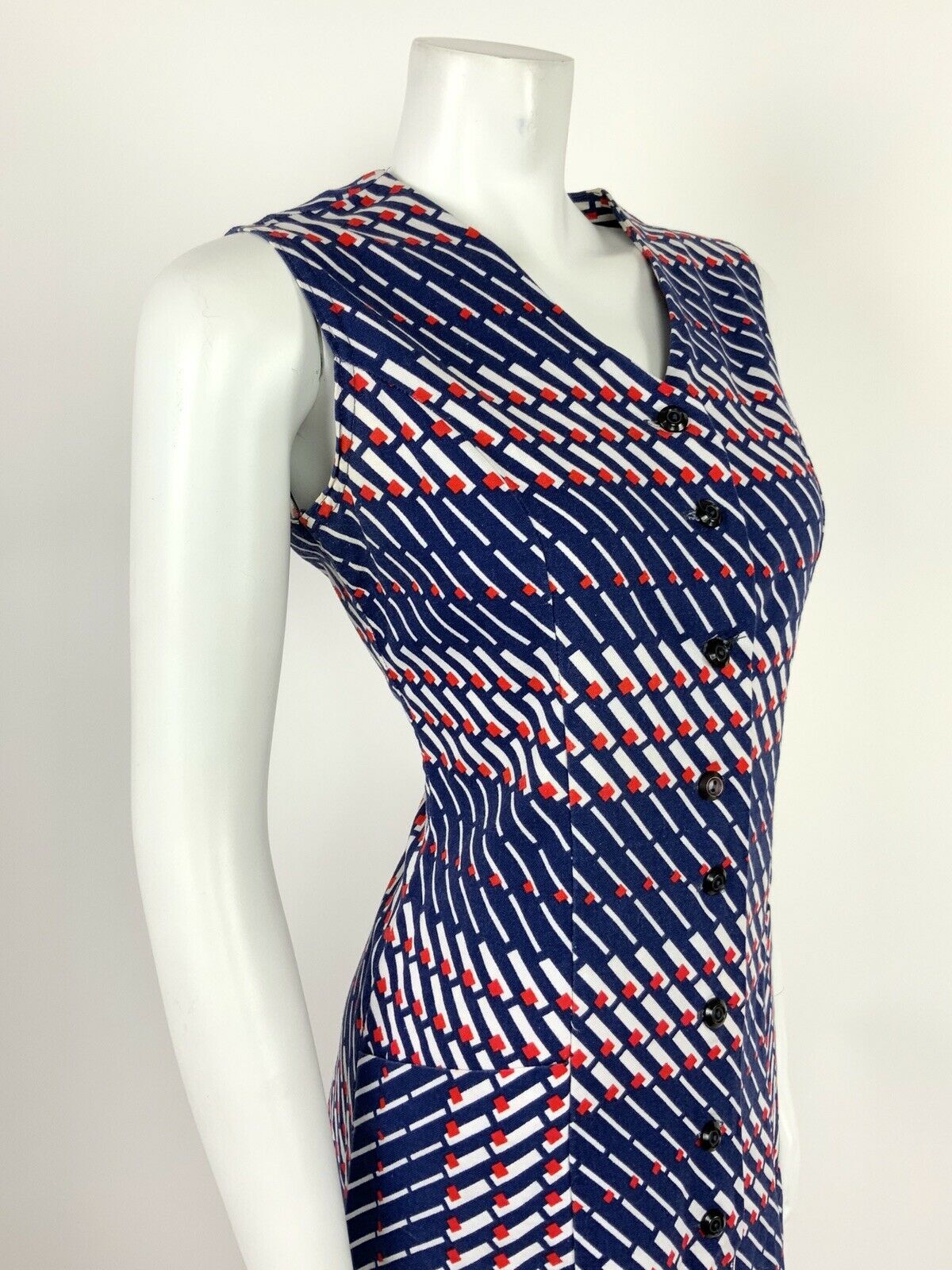 VINTAGE 60s 70s BLUE WHITE RED GEOMETRIC STRIPED MOD DRESS 12 14