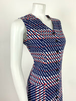 VINTAGE 60s 70s BLUE WHITE RED GEOMETRIC STRIPED MOD DRESS 12 14