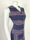 VINTAGE 60s 70s BLUE WHITE RED GEOMETRIC STRIPED MOD DRESS 12 14