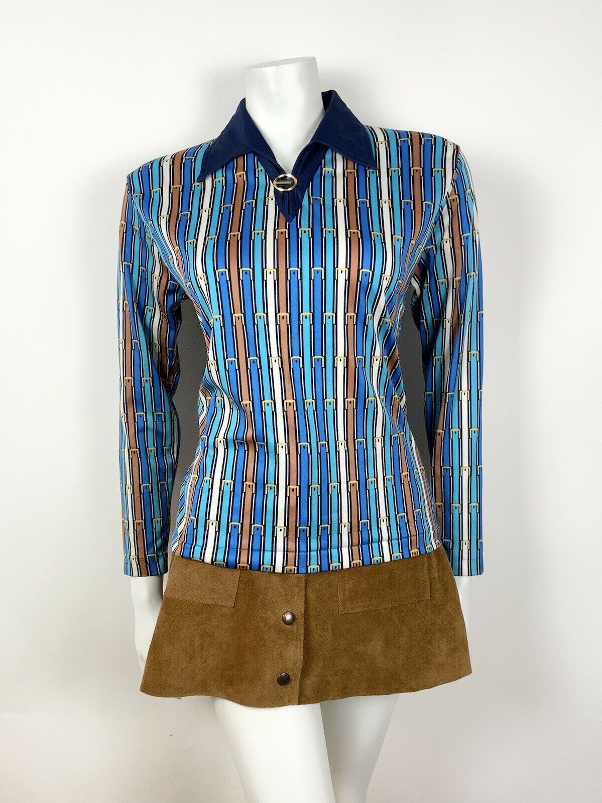 VTG 60s 70s BLUE BRONZE WHITE STRIPED EQUESTRIAN BELT DAGGER SHIRT BLOUSE 10 12