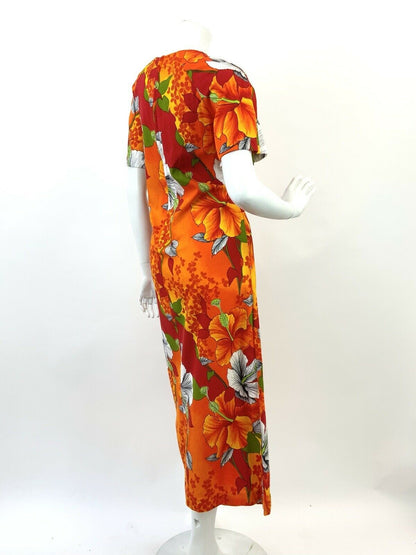 VTG 60s 70s ORANGE RED YELLOW HAWAIIAN FLORAL HIBISCUS SHIFT MAXI DRESS 10 12