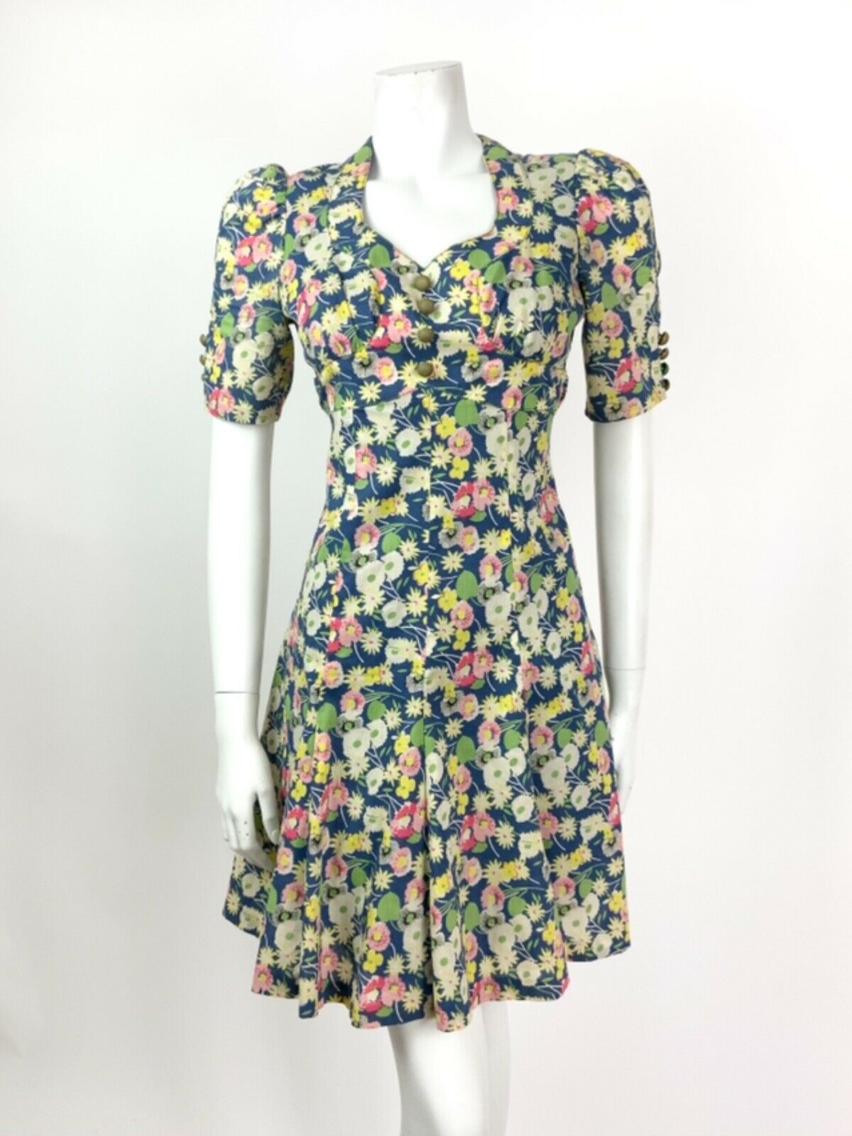VINTAGE 60s 70s BLUE GREEN WHITE PINK FLORAL LEAFY DITSY TEA DRESS 8