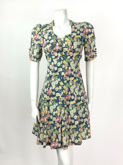 VINTAGE 60s 70s BLUE GREEN WHITE PINK FLORAL LEAFY DITSY TEA DRESS 8