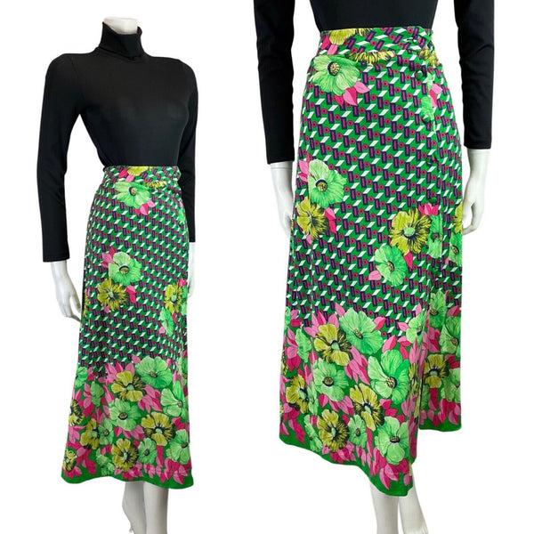 VINTAGE 60s 70s GREEN PINK GEOMETRIC FLORAL MOD PSYCHEDELIC MIDI SKIRT 8