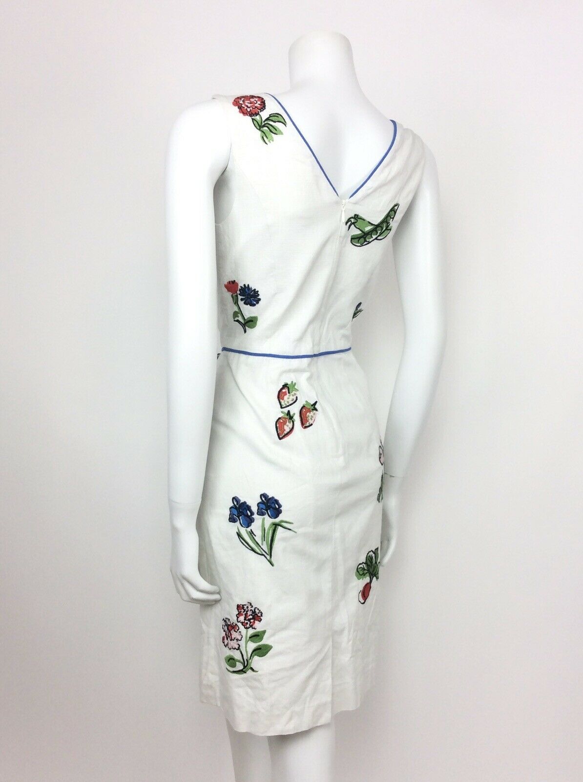 VTG 60s 70s WHITE COTTON FRUIT FLORAL RED BLUE GREEN SUMMER DRESS 10