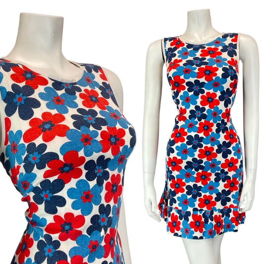 VINTAGE 60s 70s BLUE RED WHITE DAISY FLOWER POWER MOD SLEEVELESS SHORT DRESS 10