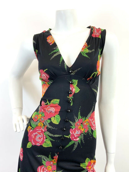 VINTAGE 60s 70s BLACK RED GREEN FLORAL ROSE BOUQUET SLEEVELESS MAXI DRESS 10 12