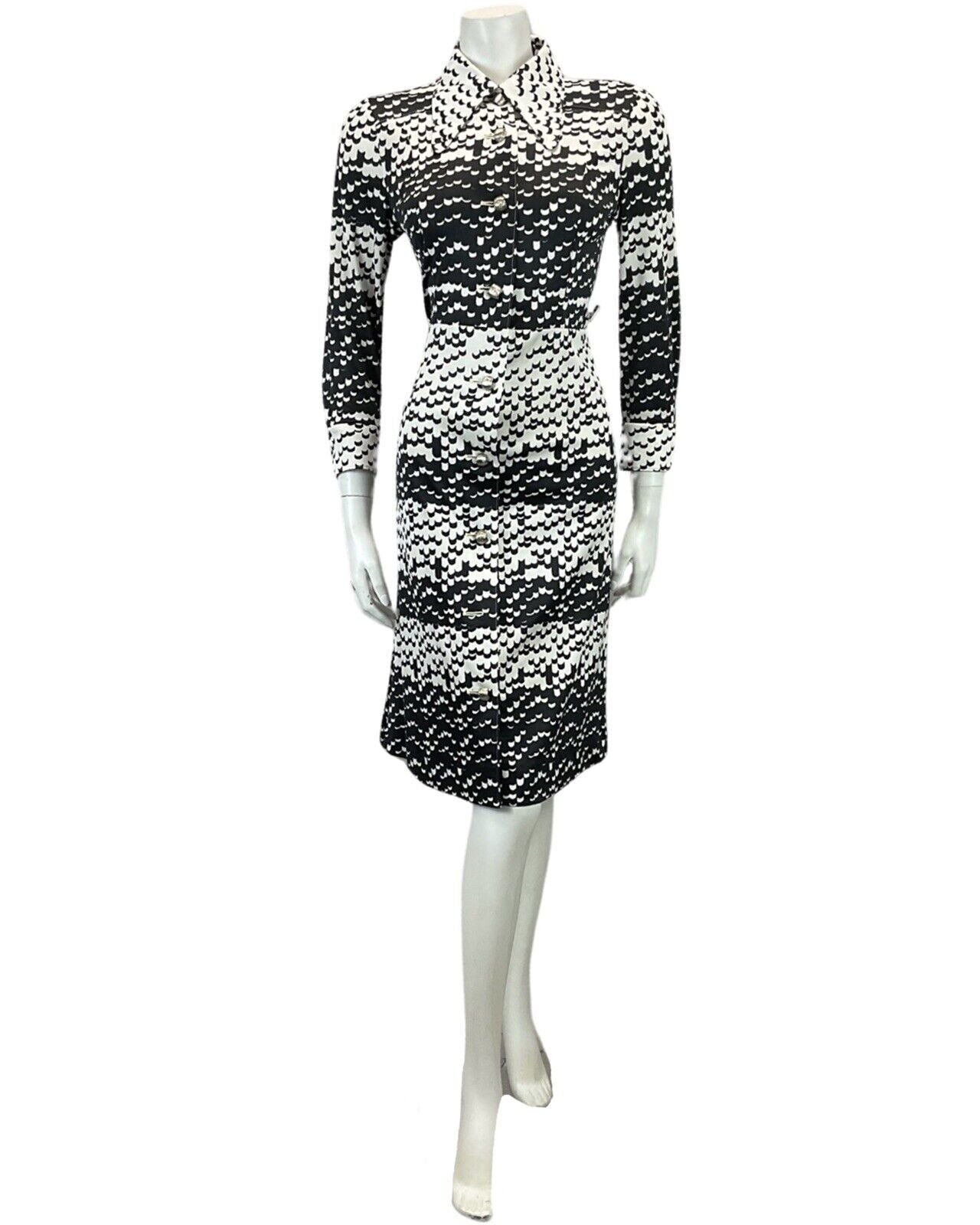 VINTAGE 60s 70s WHITE BLACK ABSTRACT PATTERN MOD BOHO MIDI DRESS 12 14