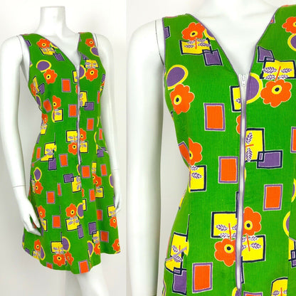 VINTAGE 60s 70s GREEN PURPLE YELLOW ORANGE FLORAL GEOMETRIC SUMMER DRESS 12