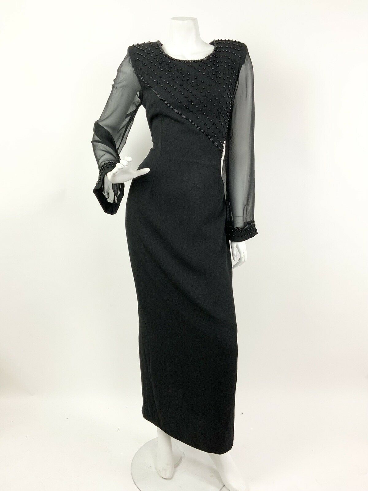 VINTAGE 70s 80s BLACK BEADED SHEER ELEGANT GOWN DRESS 8 10