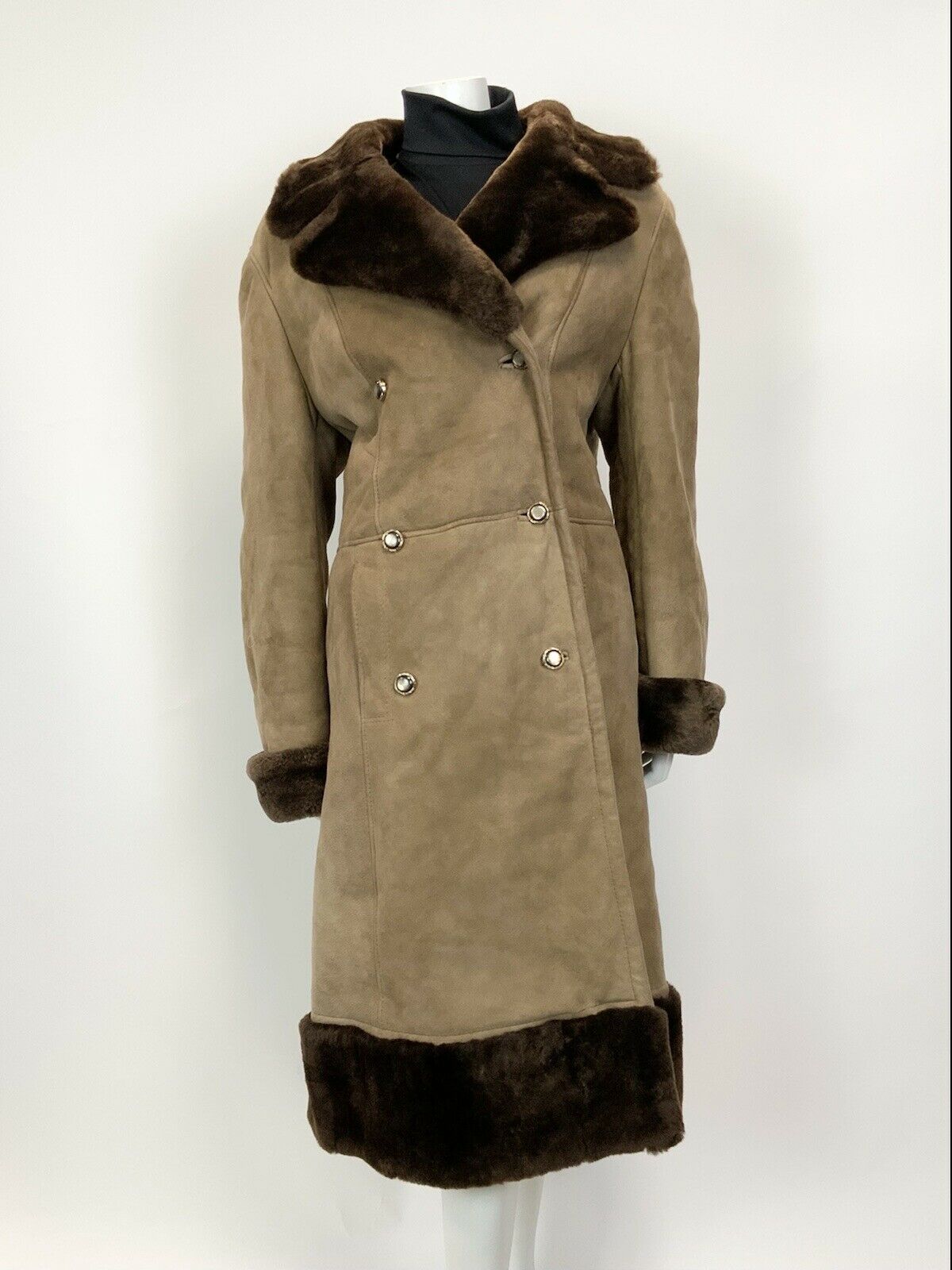 VINTAGE 60s 70s CAMEL BROWN SUEDE SHEARLING DOUBLE-BREASTED LONG COAT 16 18