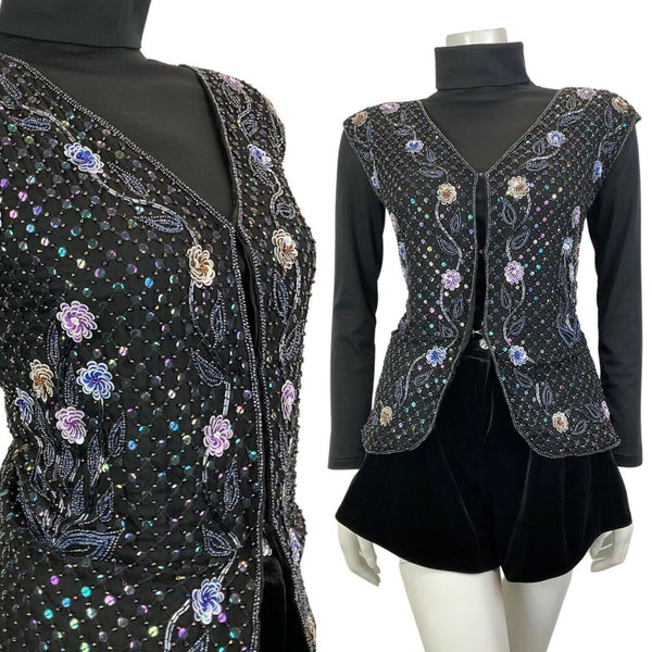 VINTAGE 70s 80s BLACK PURPLE FLORAL SEQUIN BEADED DISCO GLAM WAISTCOAT TOP 12 14