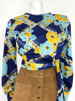 VTG 60s 70s BLUE YELLOW WHITE GLITTER GEOMETRIC FLORAL PSYCH BLOUSE 10 12 14