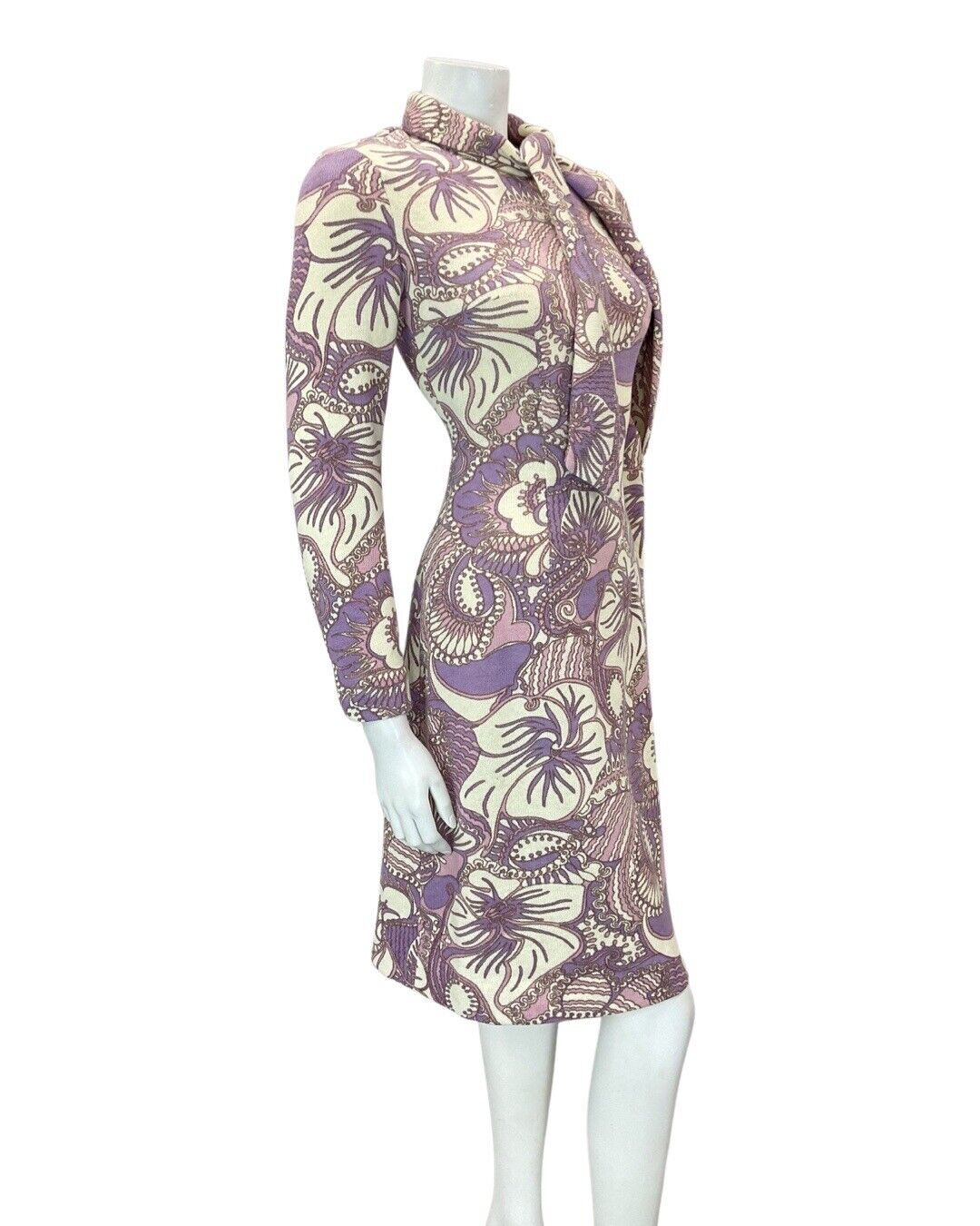 VINTAGE 60s 70s PURPLE CREAM PSYCHEDELIC FLORAL PUSSYBOW KNIT DRESS 10 12