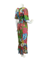 VINTAGE 60s 70s GREEN PINK BLUE FLORAL PSYCHEDELIC COLIN GLASCOE MAXI DRESS 8