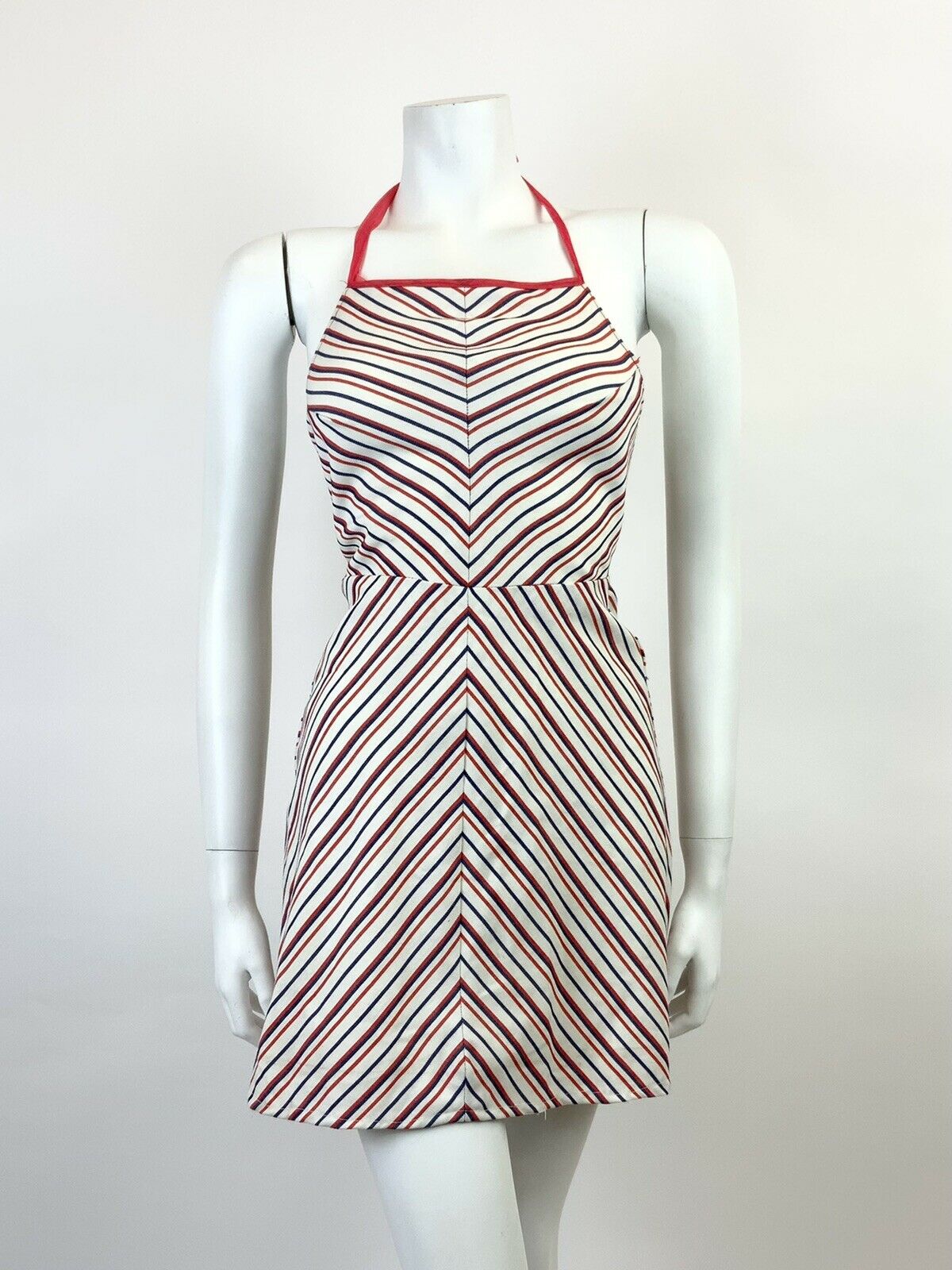 VINTAGE 60s 70s WHITE RED BLUE STRIPED MOD HALTER MINI DRESS 4 6