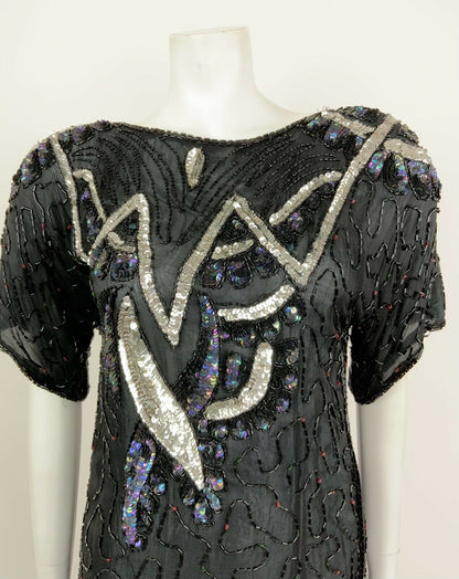 VINTAGE 70s 80s BLACK SILVER HOLOGRAPHIC SEQUINNED DISCO PARTY TOP BLOUSE 12 14