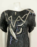 VINTAGE 70s 80s BLACK SILVER HOLOGRAPHIC SEQUINNED DISCO PARTY TOP BLOUSE 12 14