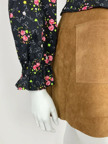 VINTAGE 60s 70s BLACK PINK GREEN FLORAL DITSY WING COLLAR RUCHED BLOUSE TOP 8 10