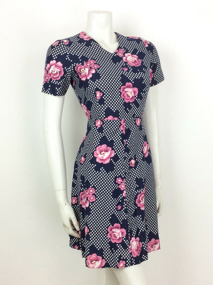 STUNNING VINTAGE 60S 70S POLKA DOT NAVY BLUE WHITE PINK FLORAL DRESS 8 10