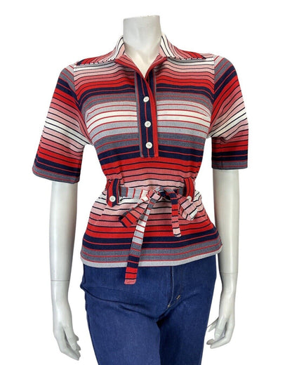 VINTAGE 60s 70s RED BLUE WHITE STRIPED MOD BELTED SHORT SLEEVE SHIRT 8