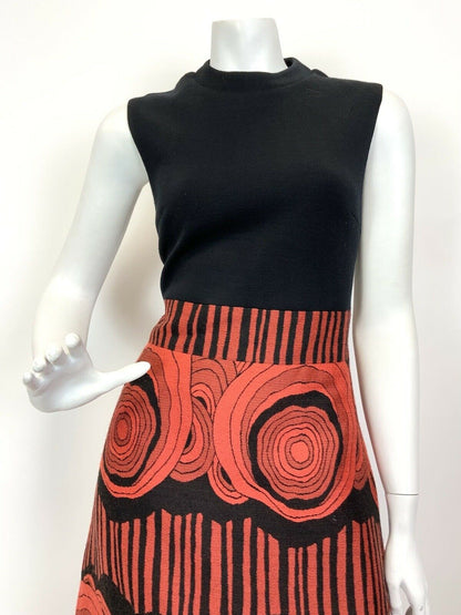 VTG 60s 70s BLACK ORANGE PSYCHEDELIC GEOMETRIC SLEEVELESS MOD MAXI DRESS 8 10