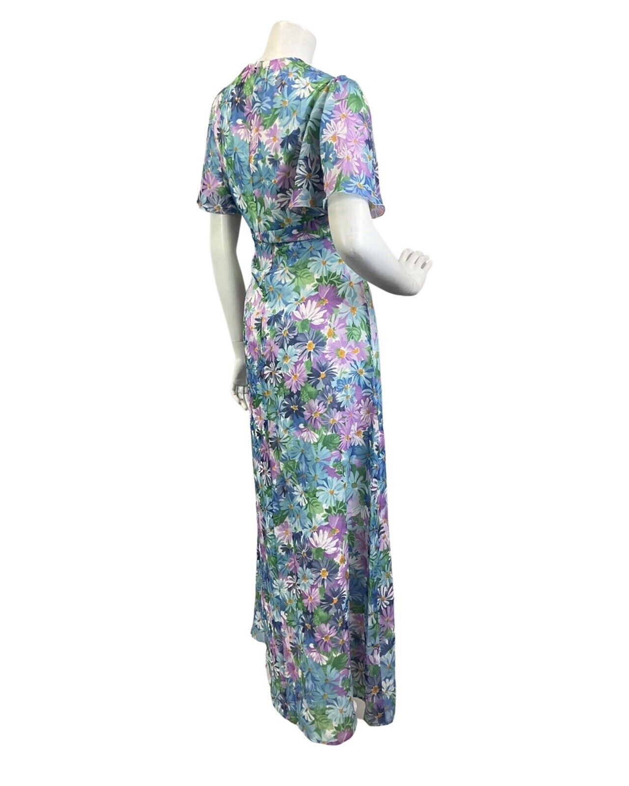 VINTAGE 60s 70s BLUE PURPLE WHITE FLORAL DAISY RUFFLED PRAIRIE MAXI DRESS 12