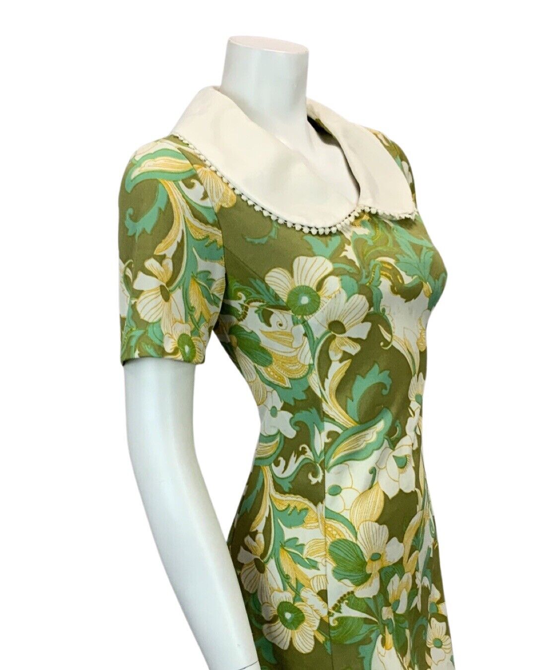 VINTAGE 60s 70s OLIVE GREEN TURQUOISE ORANGE FLORAL PRINT MINI DRESS 8 10