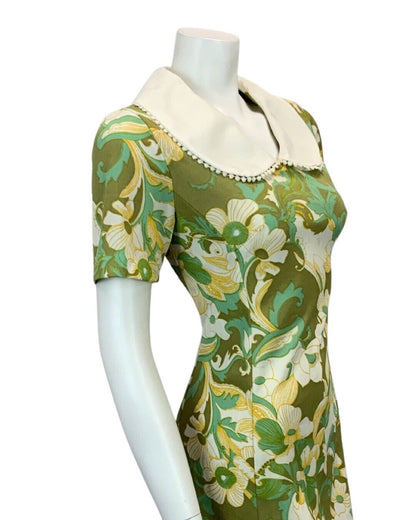 VINTAGE 60s 70s OLIVE GREEN TURQUOISE ORANGE FLORAL PRINT MINI DRESS 8 10