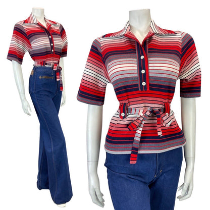 VINTAGE 60s 70s RED BLUE WHITE STRIPED MOD BELTED SHORT SLEEVE SHIRT 8