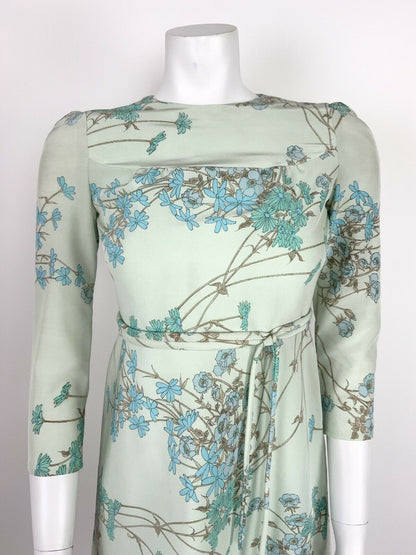 VINTAGE 60s MINT GREEN BLUE TEAL BEIGE METAL FLORAL SUMMER MINI DRESS 6