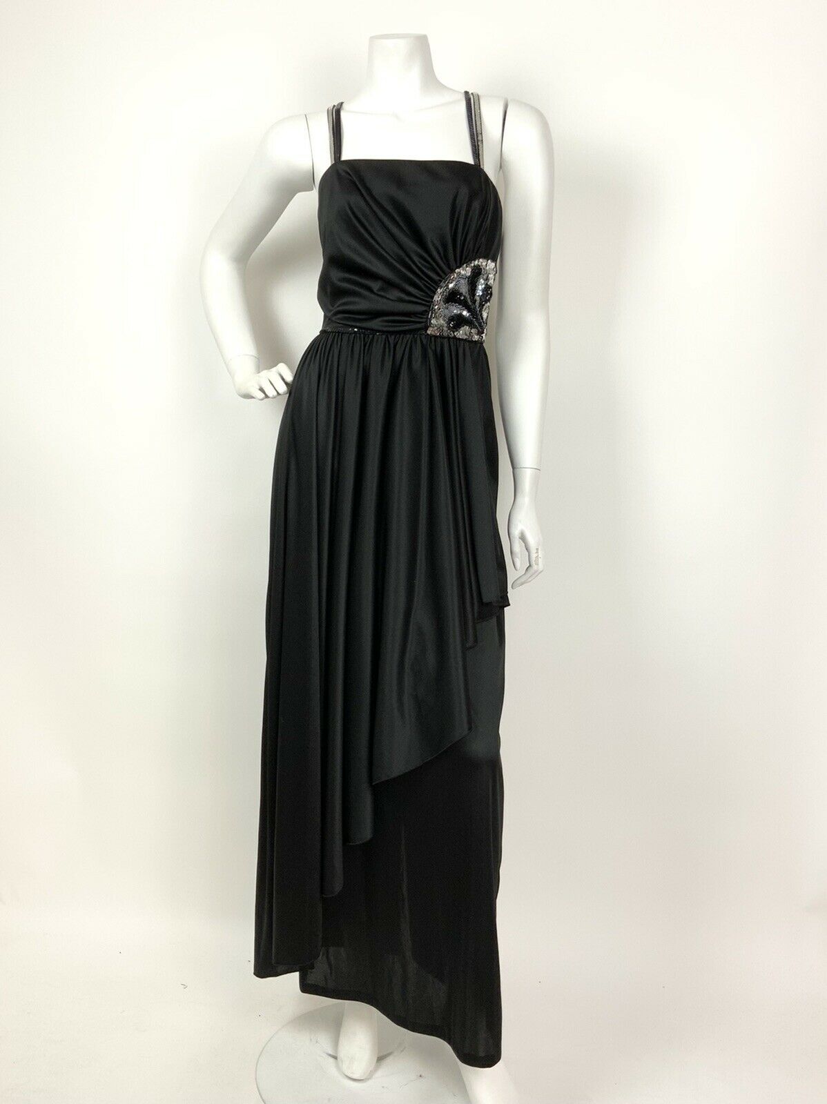 VINTAGE 60s 70s BLACK SILVER SEQUIN COCKTAIL PARTY DECO STRAPPY MAXI DRESS 6