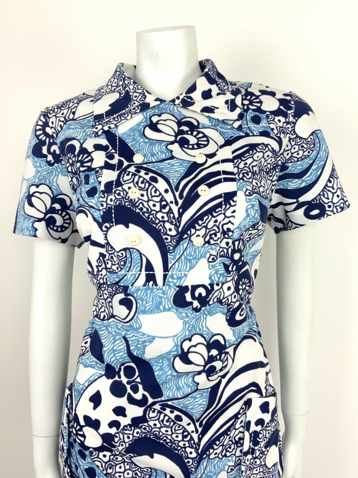 VTG 60s 70s PSYCHEDELIC WHITE NAVY BABY BLUE FLORAL ABSTRACT SHIRT DRESS 14